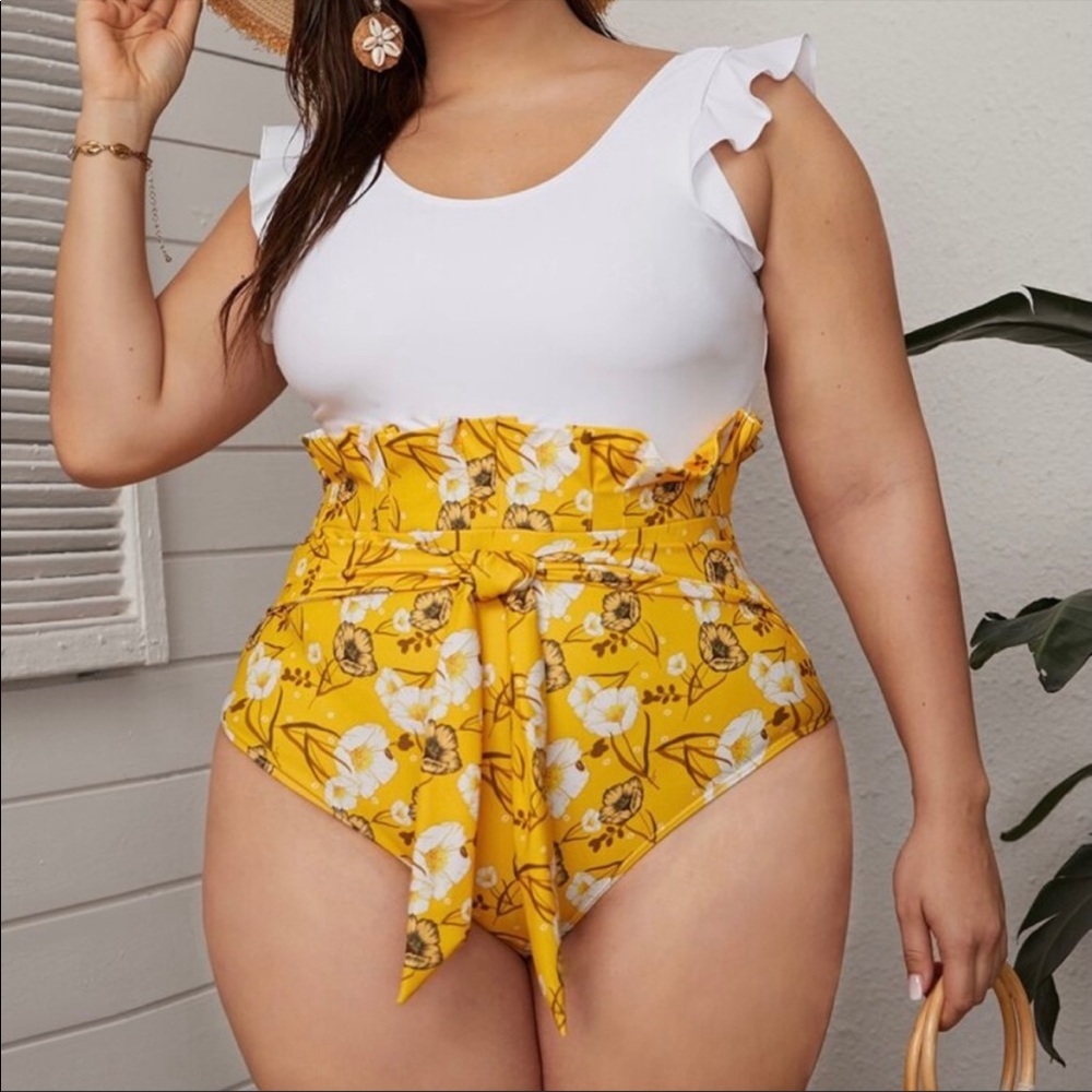Shein Plus Size 1XL White Yellow Floral Tie Front Ruffle One Piece